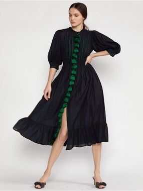 Cynthia Rowley - Laila Black Midi Dress with Green Trim and Tassel Detail
